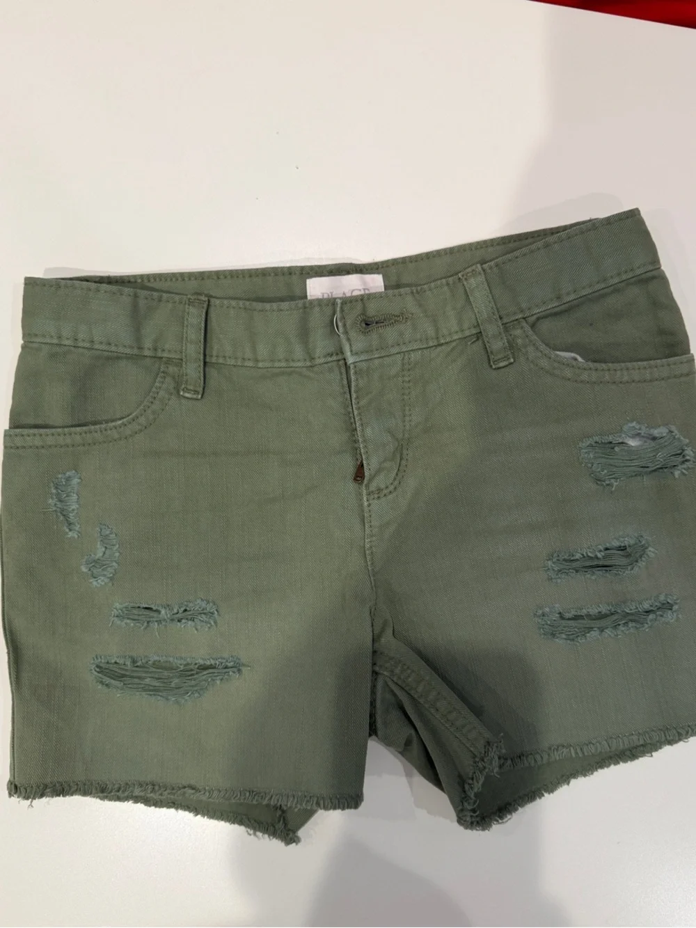 The Children's Place White Graphic Tee and Olive Green Distressed Shorts Set